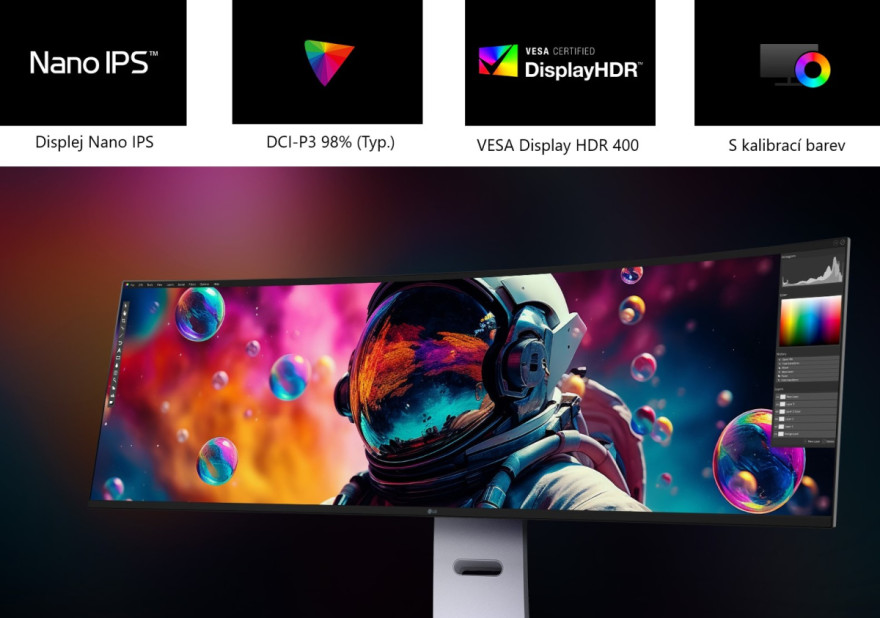 49" zakřivený monitor s rozlišením Dual QHD a obnovovací frekvencí 144 Hz